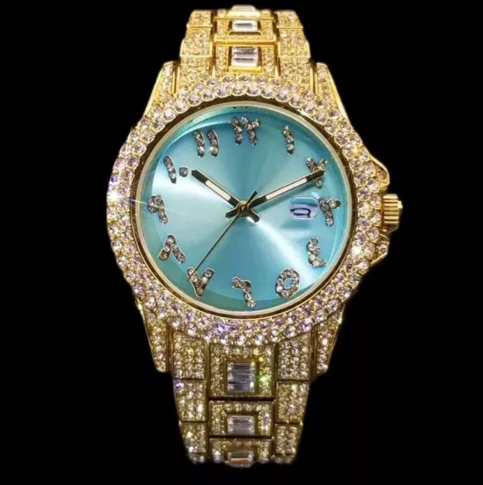 Mens Luxury Iced Out Bling Simulated Diamond CZ GoldPlated Arabic Numera…